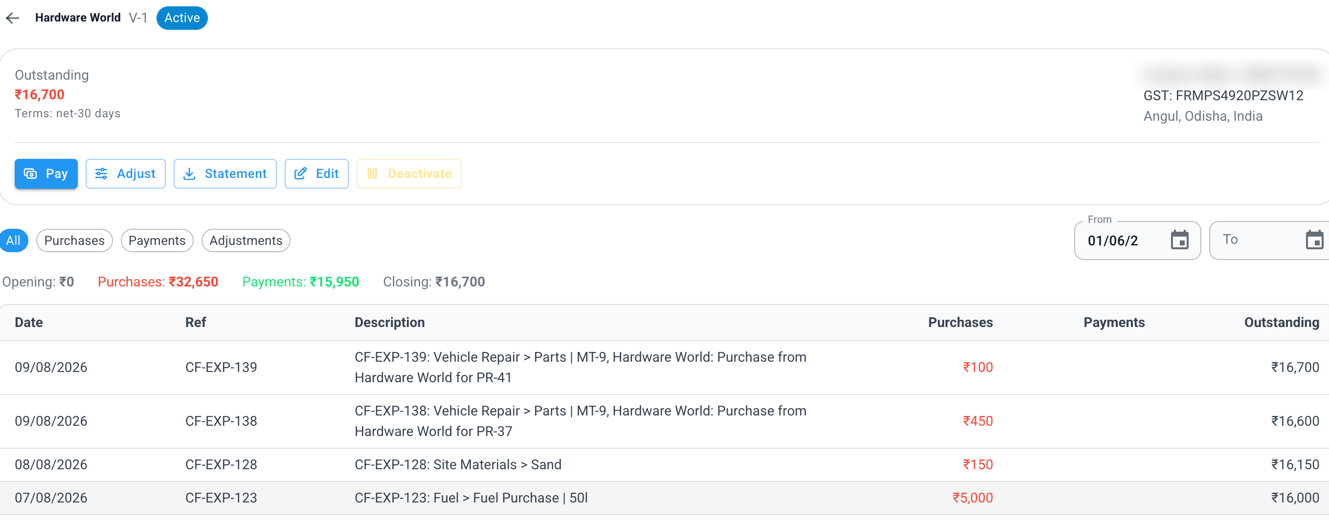 A vendor ledger with purchases, payments and running outstanding in Oeta